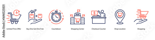 Urgent Retail Campaigns web banner icon vector illustration featuring Limited Time Offer, Buy One Get One Free, Countdown, Shopping Center, Checkout Counter, Shop Location, and Shopping.