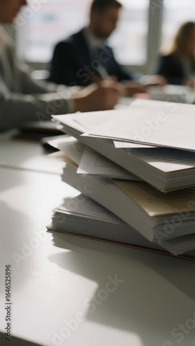 Stack of papers on a desk in an office setting with blurred people in the background
