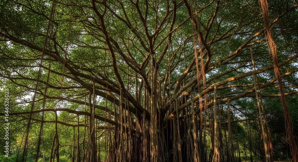 Naklejka premium Majestic Banyan Tree Canopy with Hanging Aerial Roots in Lush Greenery