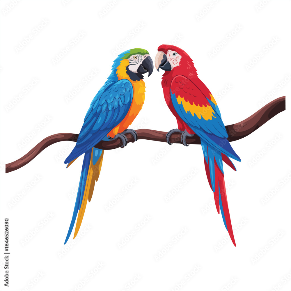 Fototapeta premium colorful tropical parrots perched together vector art isolated white