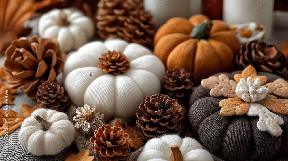 Fototapeta premium A collection of crafty fall home decoration items, including handmade wreaths, pumpkin ornaments, autumn leaf garlands, and cozy rustic accents