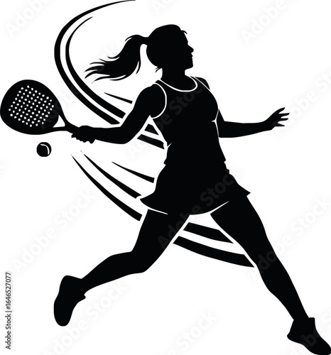 Silhouette of a female tennis player in motion, hitting a ball with a racket, conveying athleticism and dynamic action.