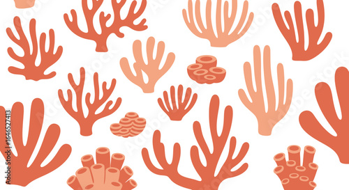 Seamless pattern featuring diverse abstract coral formations in coral hues