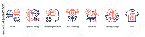Synthetic Life and Bioengineering web banner icon vector illustration featuring Swarm, Synthetic Biology, Human Augmentation, Drone Technology, Smart Grid, Neurotechnology, and Fabric.