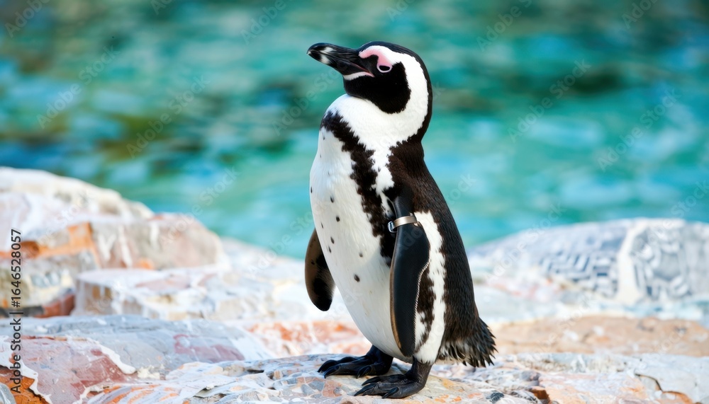 Fototapeta premium Penguin standing on rocky shoreline coastal habitat wildlife photography colorful marine environment side view animal behavior
