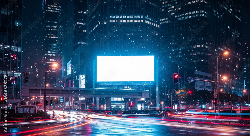 Fototapeta premium Illuminated billboard amidst blurred traffic trails and towering skyscrapers at night