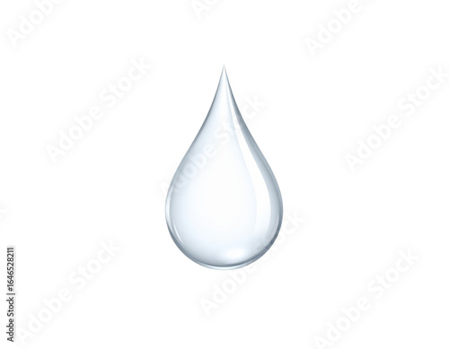 A single glossy transparent water droplet with a perfect teardrop shape and realistic light reflections.