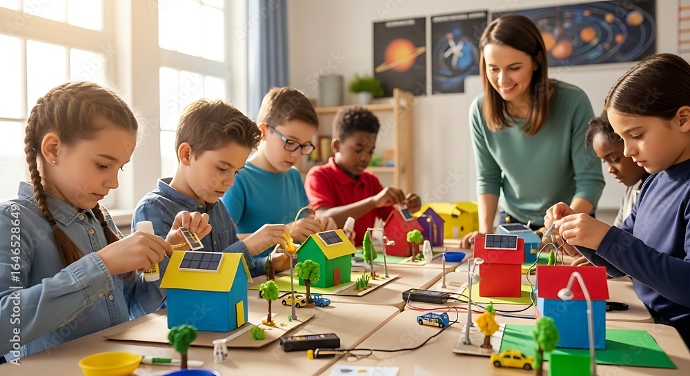 Fototapeta premium Young students and teacher busy working together on a school project. 