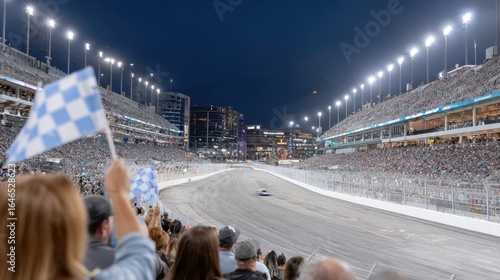 Exciting night race at a packed stadium with enthusiastic fans waving flags