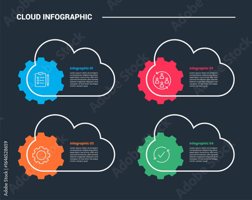 cloud shape infographic process diagram with outline cloud with gear and quadrant structure with dark background bright outline style 4 points
