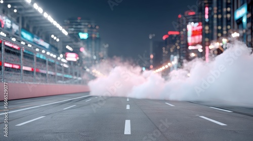 Smoke and lights fill the racetrack during an exciting night race in a bustling city