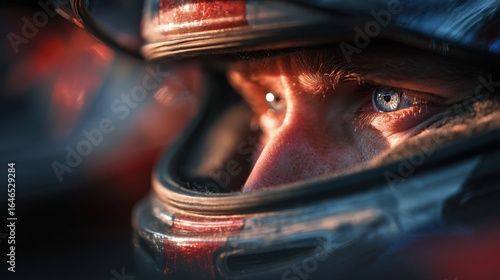 Close-up of a focused race car driver preparing for the next lap during a competitive motorsport event at sunset
