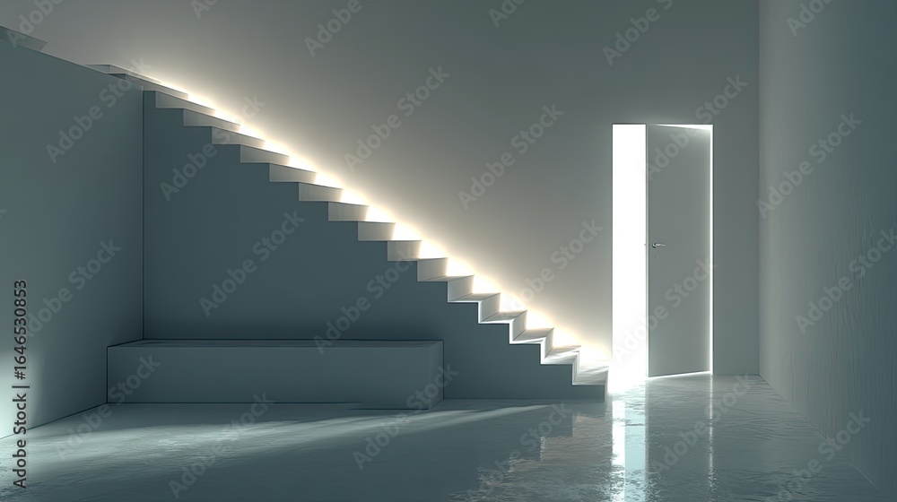 Obraz premium Modern stairway leading to a bright doorway in a minimalist space