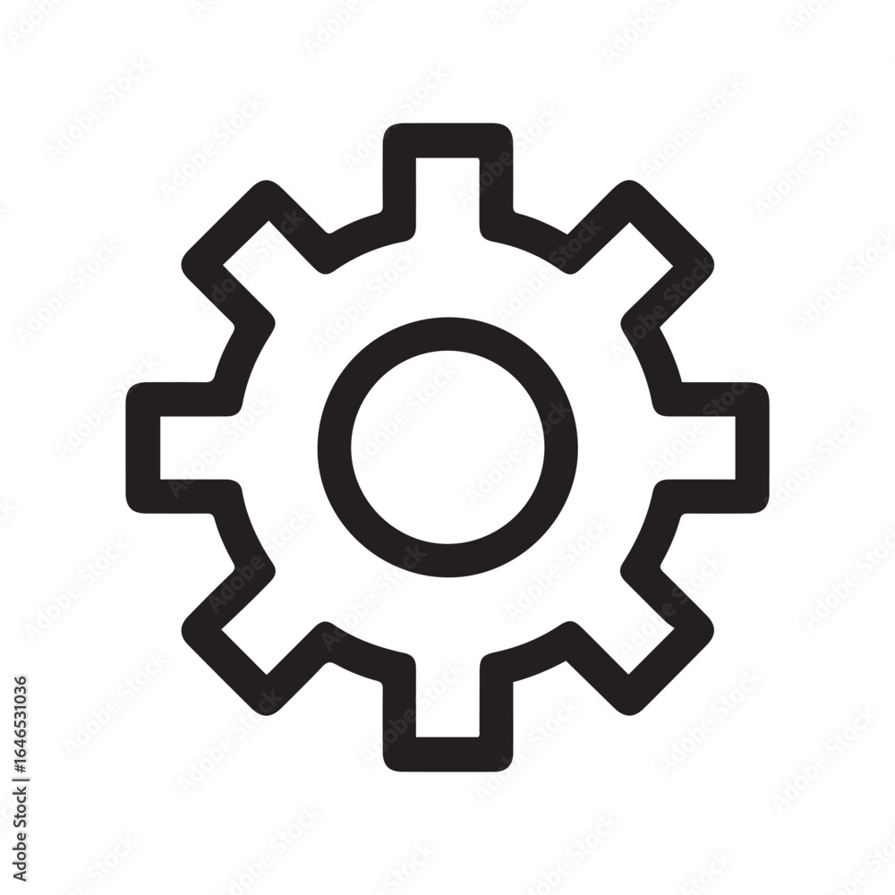 Black outline gear icon with center hole on white background Black outline gear icon with center hole on white background