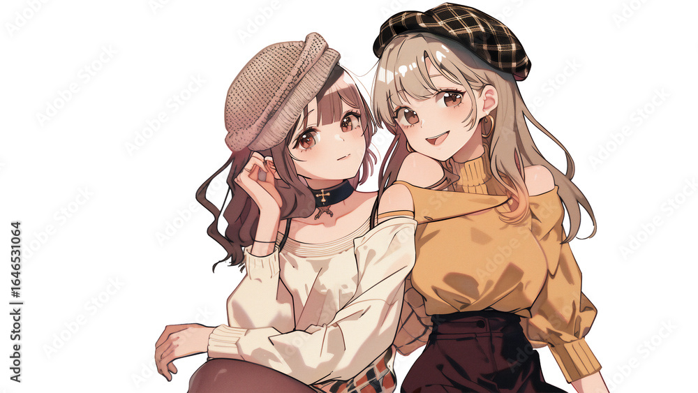 Fototapeta premium Two fashionable anime girls wearing berets and autumn outfits, smiling and posing together on transparent background｜anime girls, fashion, beret, autumn clothes