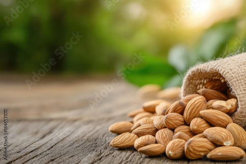 Wallpaper Mural Almonds spilling from burlap sack on wooden table with green background Torontodigital.ca
