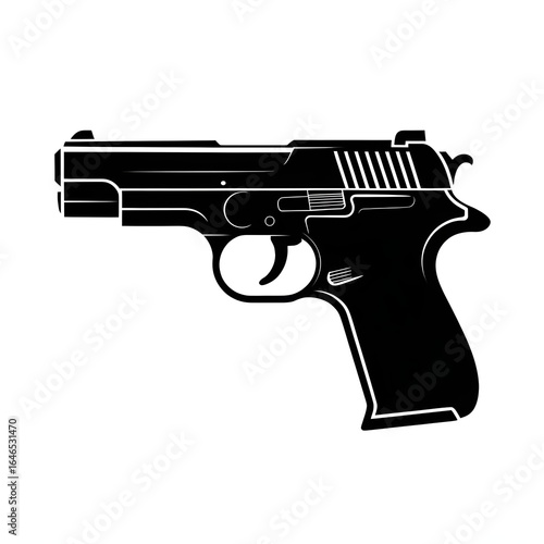 A detailed black and white vector illustration of a handgun with a visible trigger and grip design