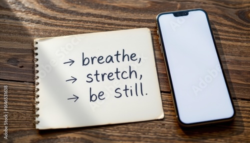 Mindfulness Action Handwritten Todo List with Breathe Focus Home Workspace Image Natural Light Self-Care Concept