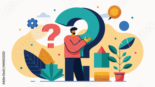 businessman holding a question mark, illustrating the theme of questioning or seeking solutions in a corporate setting..eps