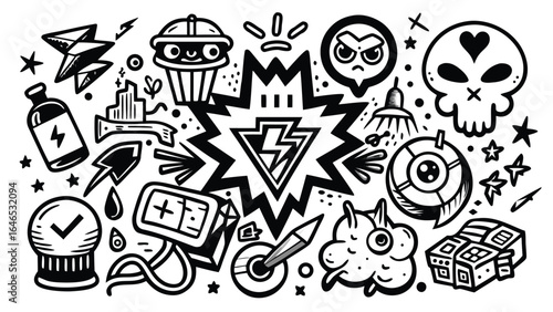 black and white drawing featuring an array of diverse symbols arranged artistically on a plain background..eps