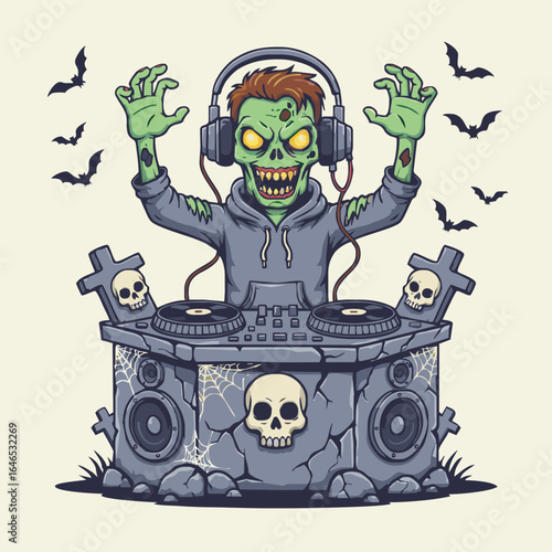 A cartoon zombie DJ with headphones mixes music on a spooky tombstone turntable deck surrounded by bats.
