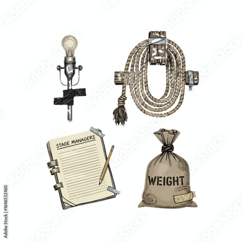 Vintage illustration of a lightbulb, rope, notepad, and weighted sack; suggesting themes of work, industry, or a historical setting.