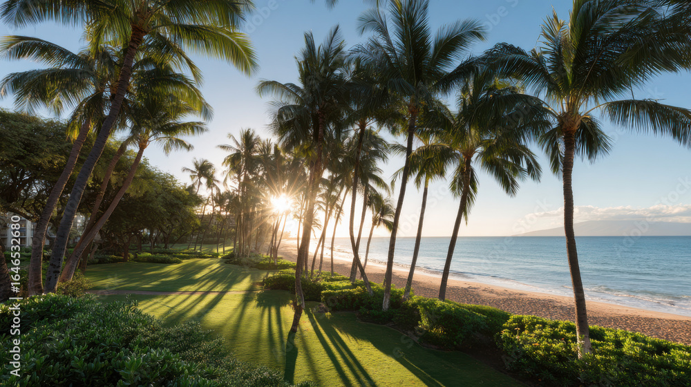 Obraz premium stunning view of hawaiian coastline where sunlight pierces through lush palm trees creating magical atmosphere