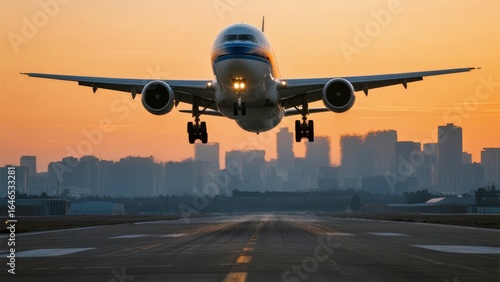 Airplane landing at sunset with city skyline in the background