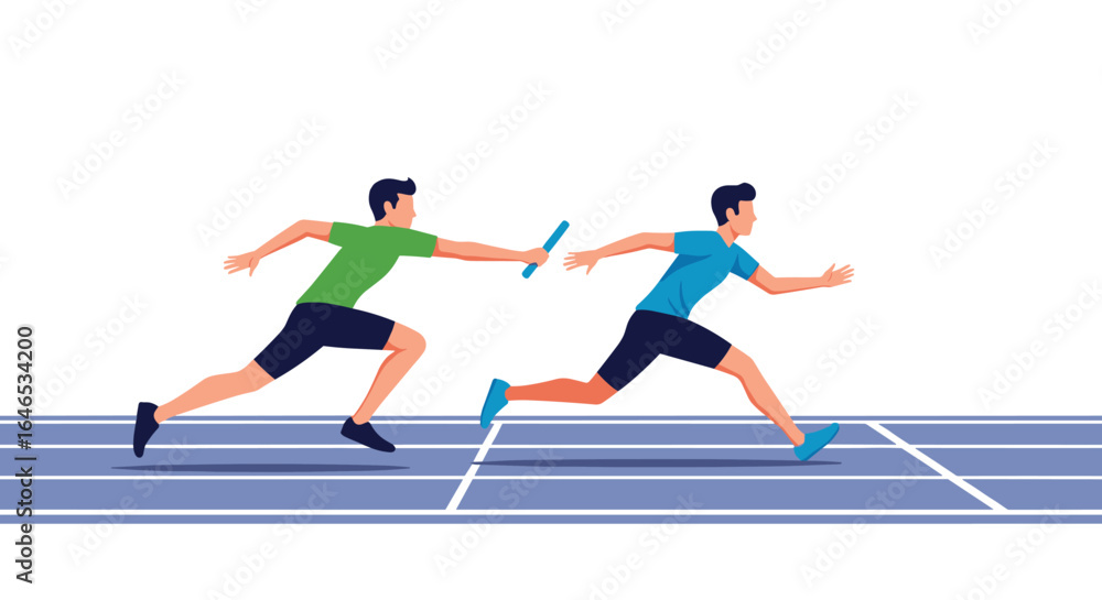 Obraz premium Athletes in a relay race passing a baton on a track competition