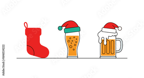 Festive beer mug and stocking with santa hat illustration symbolizing christmas celebration and holiday cheer