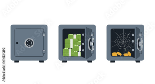 Secure safe with money and broken safe with coins and shattered glass representing financial security and risk