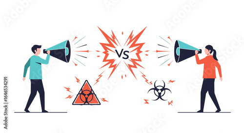 Two individuals are shouting at each other with megaphones creating a conflict dispute and disagreement between them
