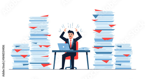 Overwhelmed businessman struggling with immense stacks of paperwork and overwhelming deadlines at his desk with a laptop creating stress and anxiety illustration