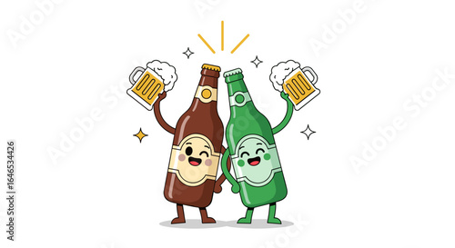Celebration of friendship and cheers with two happy cartoon beer bottles toasting with frothy mugs