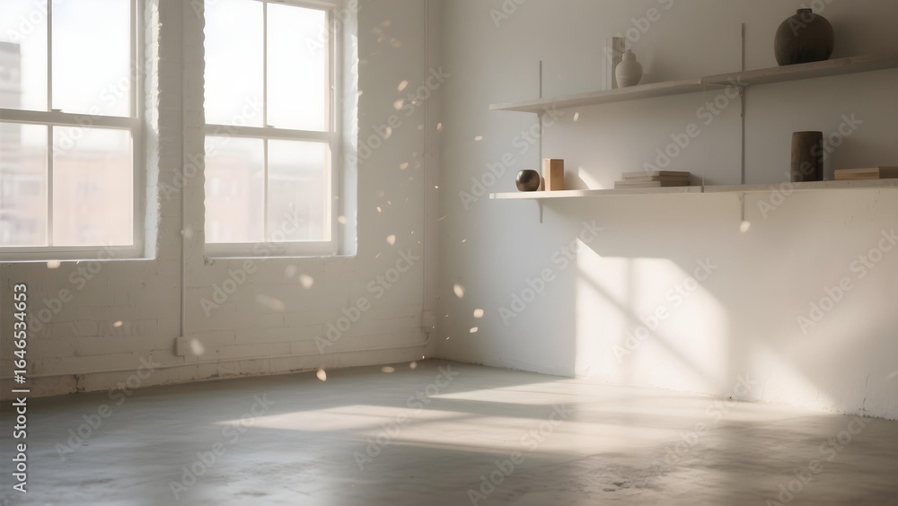 Fototapeta premium Sunlit Minimalist Interior with Floating Particles Creating a Dreamy Atmosphere