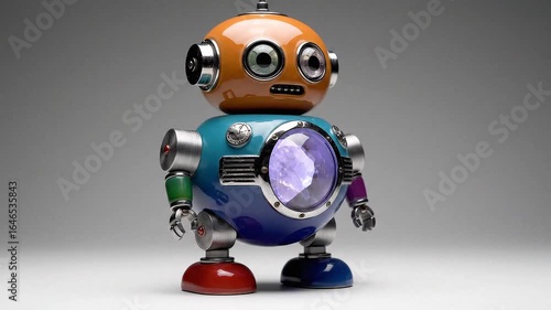 Brightly Colored Retro-Futuristic Robot with Glowing Crystal Core Stands Motionless on Grey Background