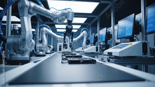 Automated Robotic Arms Working on an Advanced Electronics Assembly Line in a Smart Manufacturing Facility.