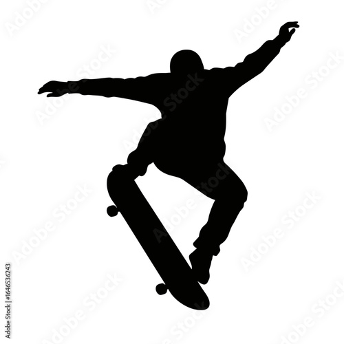 A striking black silhouette captures a skateboarder executing an aerial trick, depicted against a stark white background for versatile graphic use.