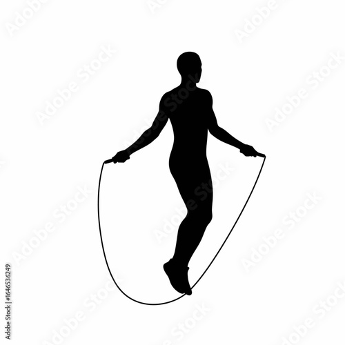 A dynamic black silhouette of a person engaging in a vigorous jump rope exercise, isolated on a clean white background.