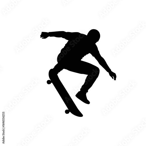 Silhouette of a skateboarder performing a trick in mid-air against a clean white background, capturing the essence of extreme sports and youthful energy.