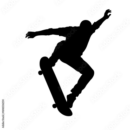 Silhouette of a skateboarder performing an aerial trick, showcasing dynamic movement and extreme sports action against a clean white background.