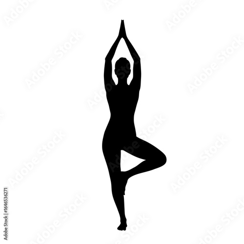 A black silhouette of a woman performing the Tree Pose in yoga, symbolizing balance, wellness, and inner peace on a clean white background.