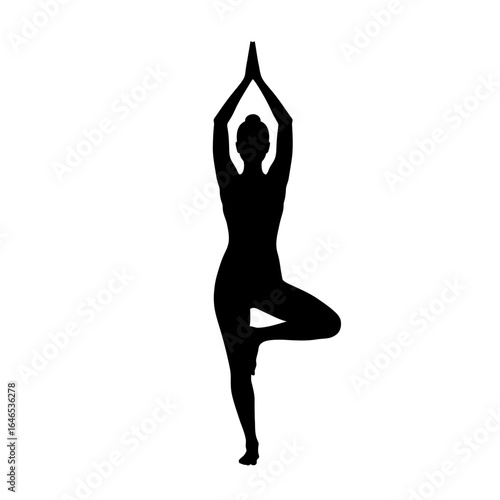 A striking black silhouette of a woman performing the balanced Tree Pose in yoga, isolated against a clean white background, symbolizing tranquility and wellness.