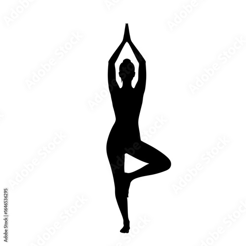 Silhouette of a woman in a tree yoga pose against a clean white background, illustrating balance, mindfulness, and the practice of wellness and fitness.