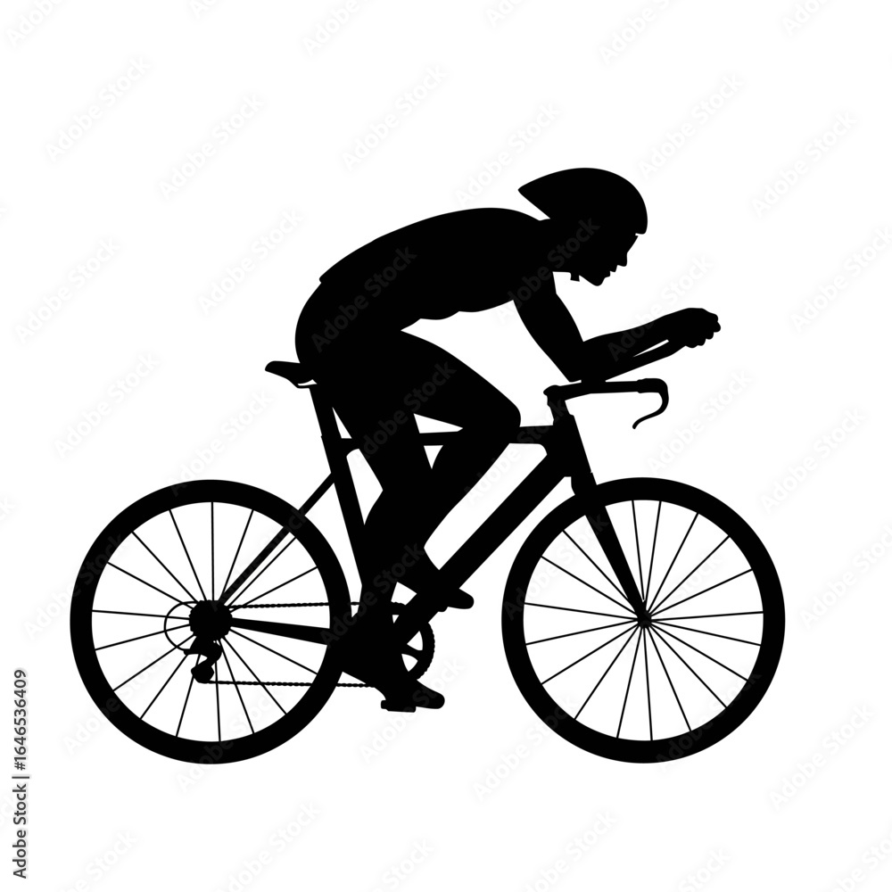 Fototapeta premium Silhouette of a cyclist in a racing position on a road bike, showcasing speed and athleticism against a clean white background, ideal for sports or fitness designs.
