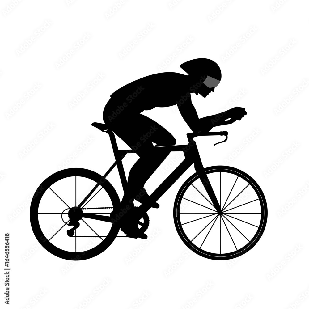 Obraz premium A silhouetted cyclist in aerodynamic position, riding a road bike against a clean white backdrop, emphasizing speed and athleticism for various design uses.