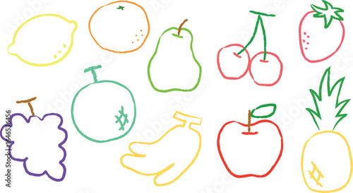 りんごやパイナップルなど手描きのカラフルな線画果物ベクター