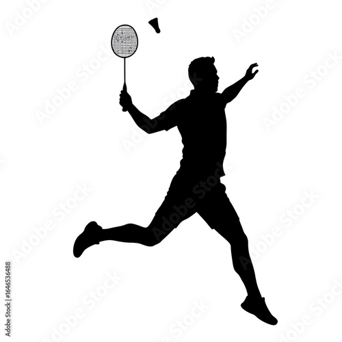 A male badminton player's silhouette dynamically captures the intense action of a powerful serve, showcasing athleticism and the sport's energy in a simple yet striking visual.