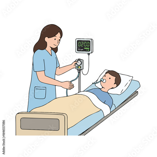 A 2D vector illustration shows a nurse adjusting an oxygen tank flow meter for a patient in a bed, with a medical monitor displaying oxygen levels against a clean white background.