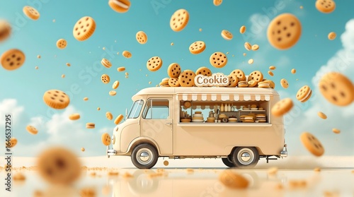 A whimsical food truck overflowing with cookies, with many more cookies floating in the bright blue sky.